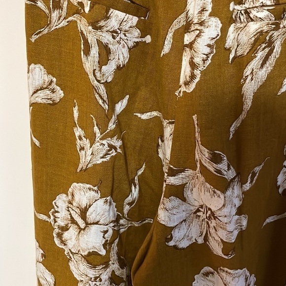 ZARA Paper Bag Waist Floral Pants Medium Tie Mustard Yellow Linen Straight - Picture 10 of 14